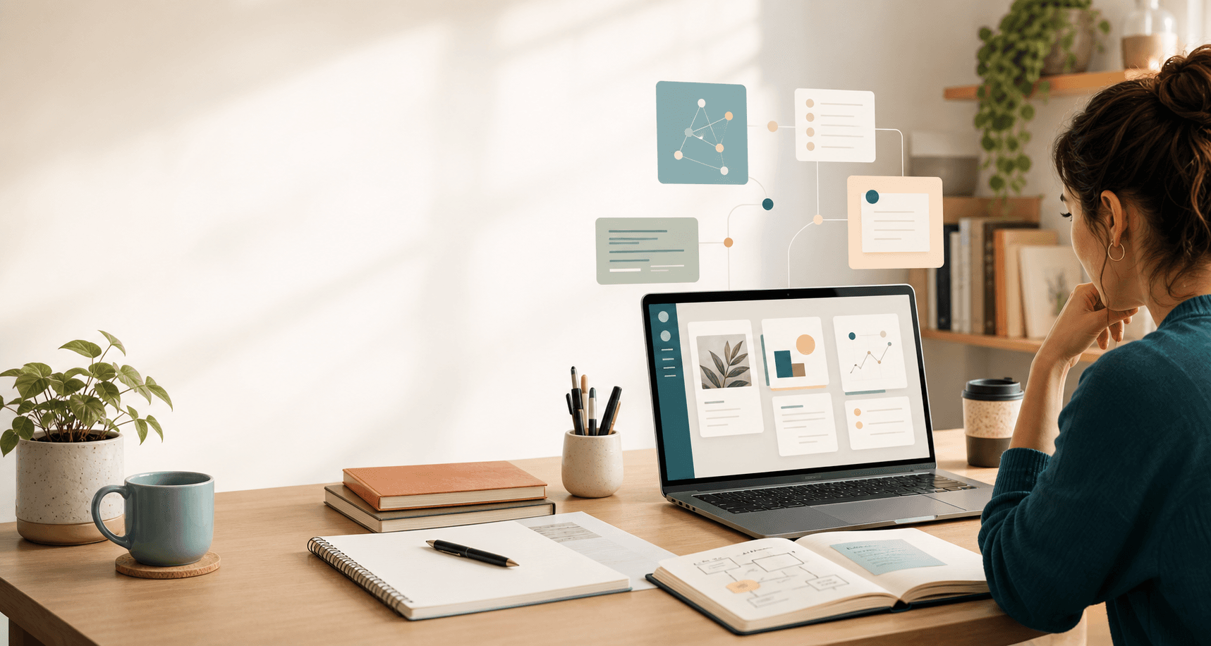 Escritorio moderno con recursos visuales para aprender inteligencia artificial de forma simple